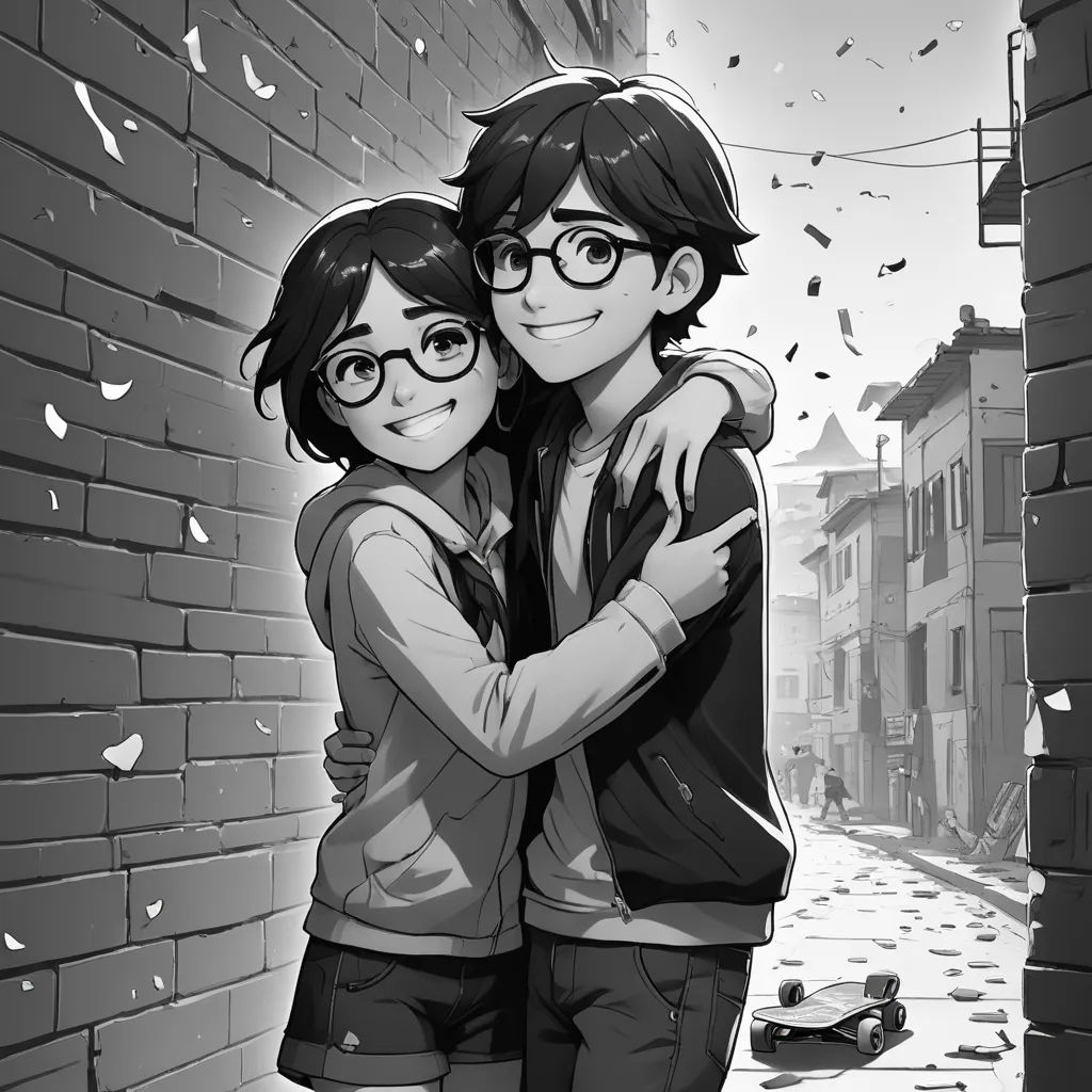 a couple of people hugging each other in front of a brick wall with a broken window in the background, serial art, a black and white photo, Artgerm, comic cover art