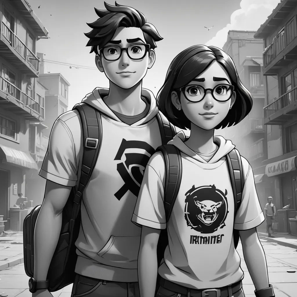 a couple of people standing next to each other on a street with buildings in the background and a person wearing glasses, sots art, a black and white photo, Artgerm, rossdraws global illumination
