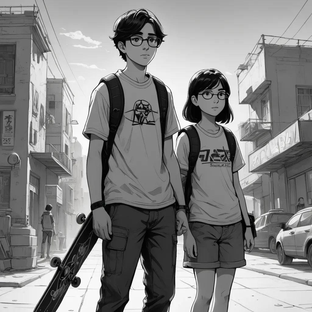 a man and a woman standing on a sidewalk with a skateboard in their hands and a backpack on their back, photorealism, a manga drawing, Artgerm, stanley artgerm lau