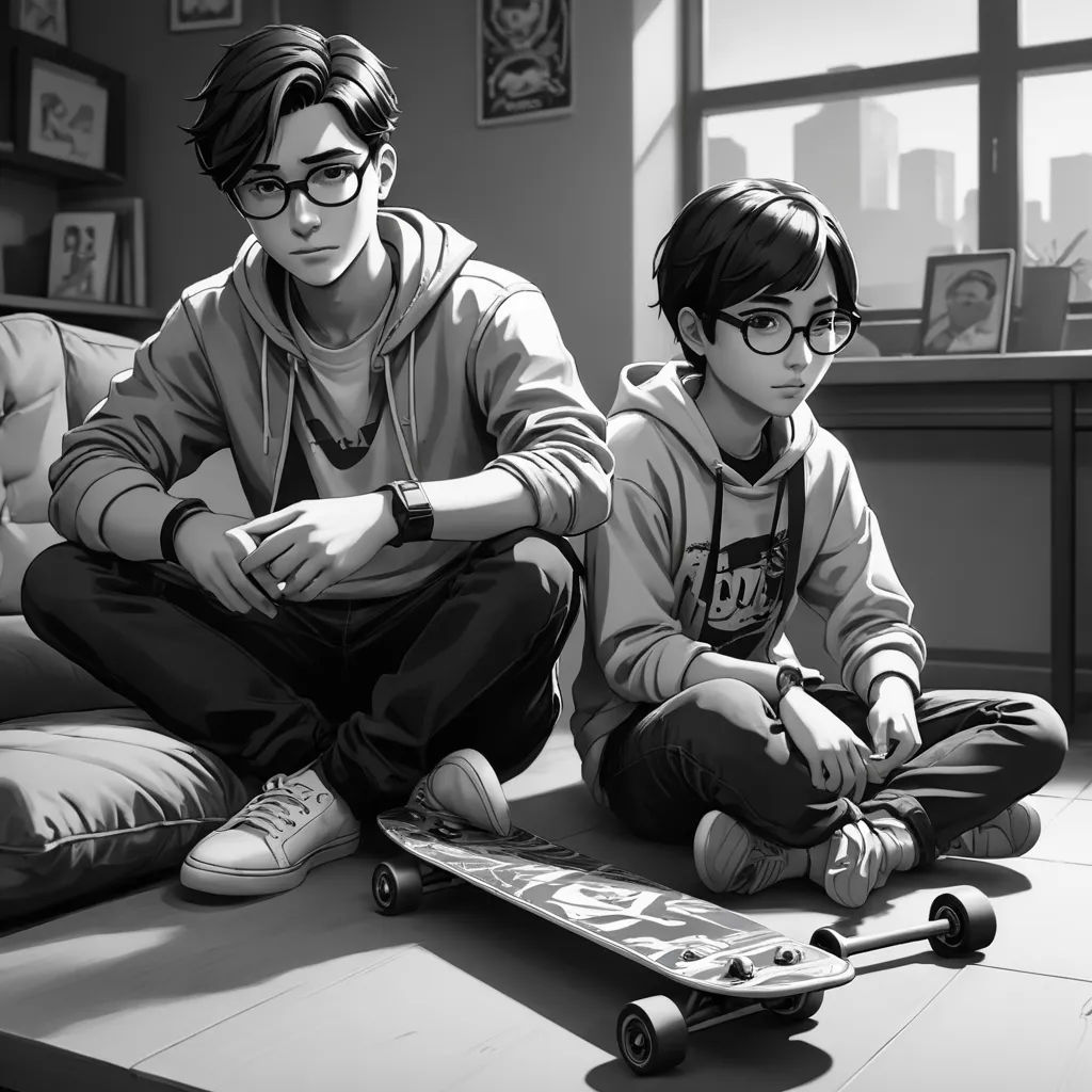 a boy and a boy sitting on the floor with a skateboard in front of them, both of them are wearing glasses, sots art, a black and white photo, Artgerm, stanley artgerm lau