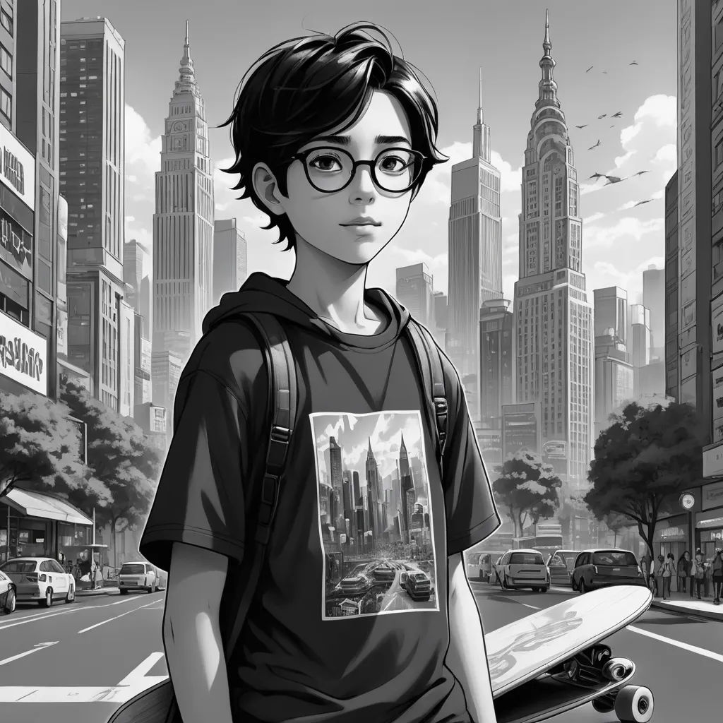 a boy with glasses holding a skateboard on a city street with tall buildings in the background and a cityscape in the foreground, hyperrealism, a manga drawing, Artgerm, stanley artgerm lau