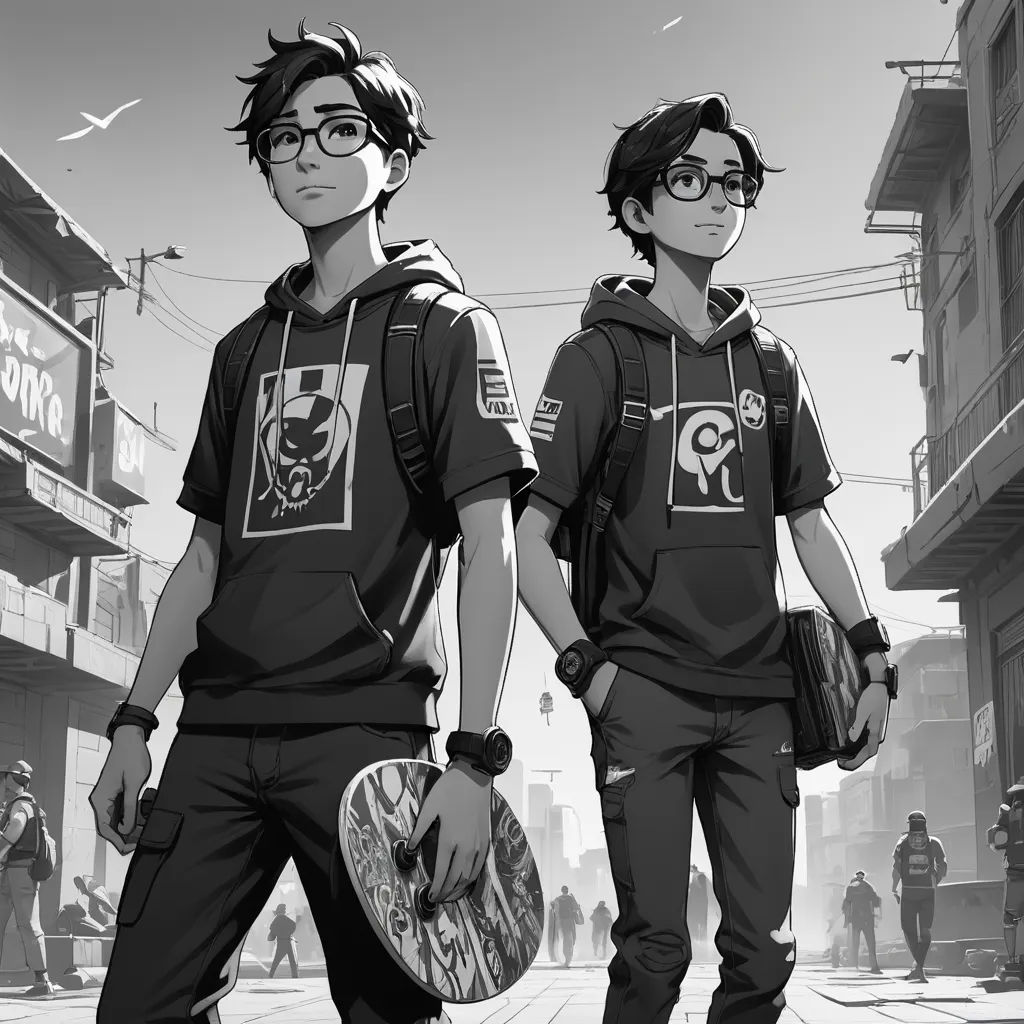 two young men standing next to each other on a street with buildings in the background and a bird flying overhead, sots art, a manga drawing, Artgerm, stanley artgerm lau