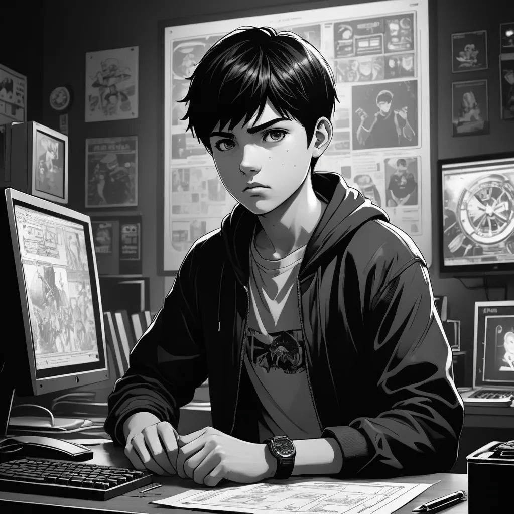 a man sitting at a desk with a computer and a monitor on it, in front of a wall with posters, sots art, a comic book panel, Artgerm, official art