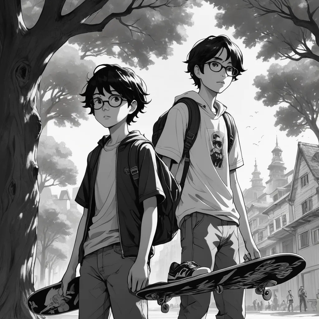 two boys with skateboards standing in front of a tree and a building with a clock on it's side, hyperrealism, a black and white photo, Brothers Hildebrandt, official art
