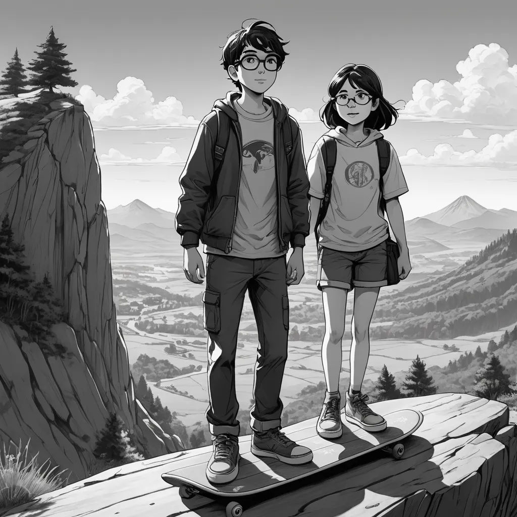 a boy and a girl standing on a skateboard on a ledge overlooking a mountain valley and a valley, sots art, a black and white photo, Cedric Seaut (Keos Masons), official art