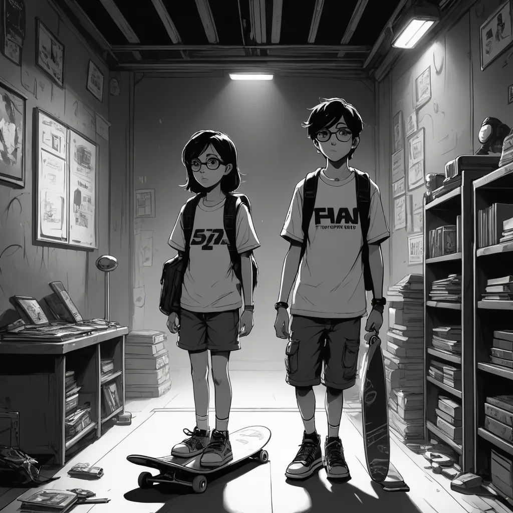 a couple of kids standing next to each other in a room with a skateboard on the floor and a book shelf, serial art, a manga drawing, Fan Qi, rossdraws global illumination