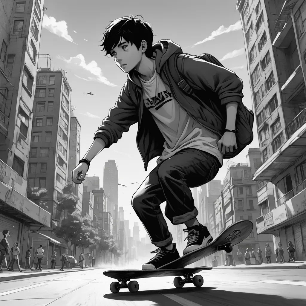 a man riding a skateboard down a street next to tall buildings in a city with tall buildings behind him, hyperrealism, a manga drawing, Cyril Rolando, stanley artgerm lau