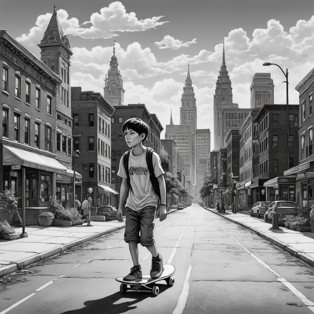 a boy riding a skateboard down a street in a city with tall buildings on both sides of the street, hyperrealism, a comic book panel, Farel Dalrymple, graphic novel