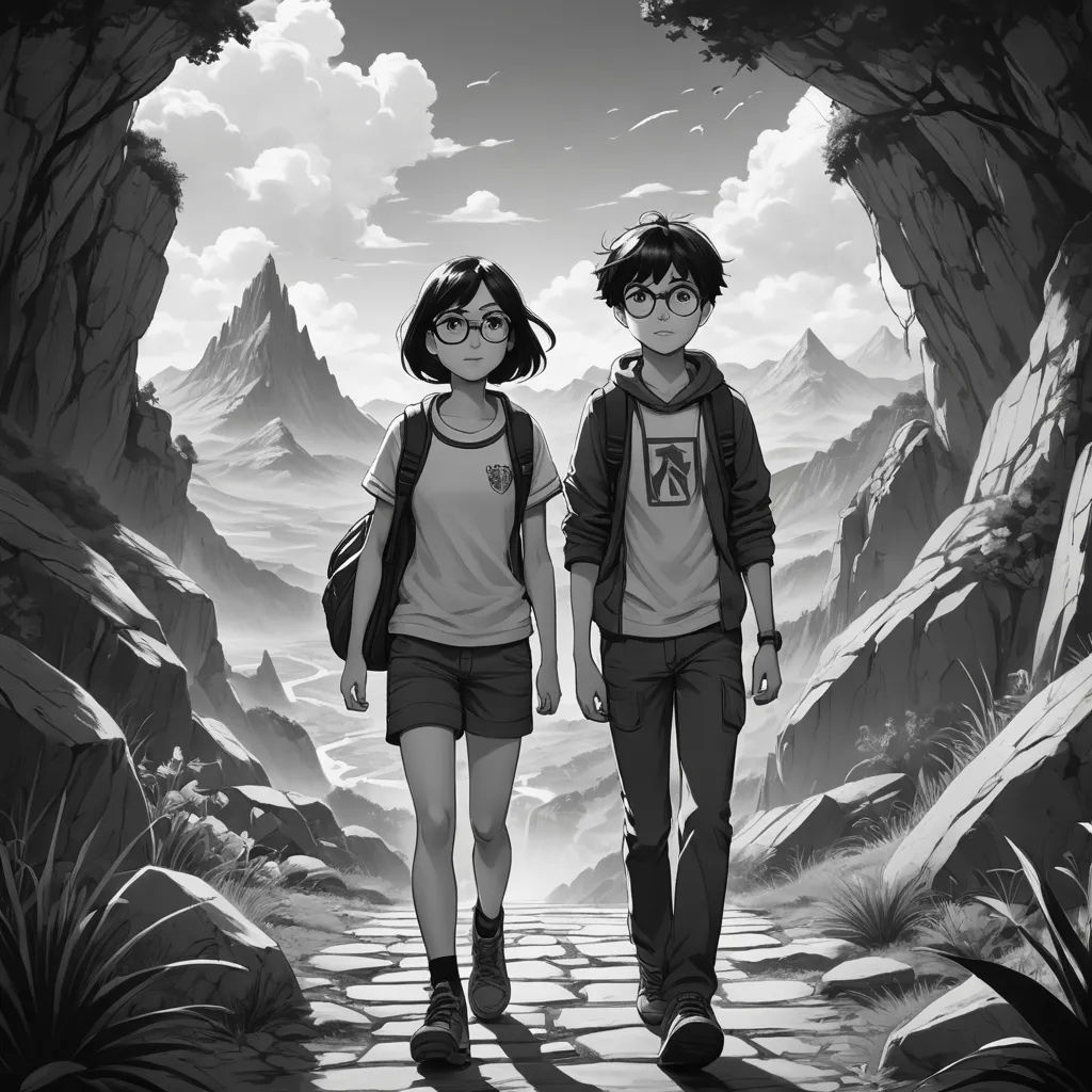 a couple of people walking down a path next to a forest with mountains in the background and clouds in the sky, sots art, a black and white photo, Atey Ghailan, official art