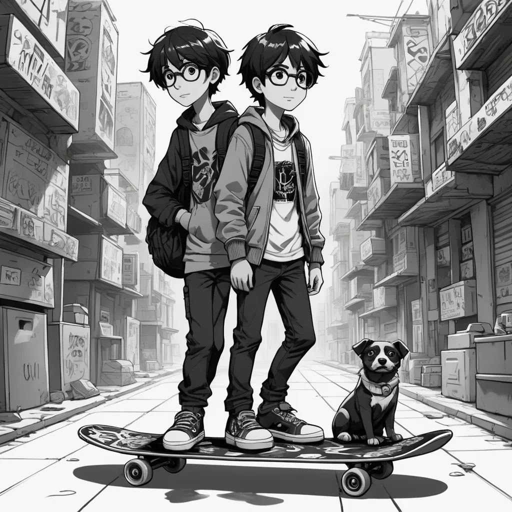 a boy and a dog are standing on a skateboard in a city street with buildings and signs on the sides, toyism, a manga drawing, Artgerm, official art