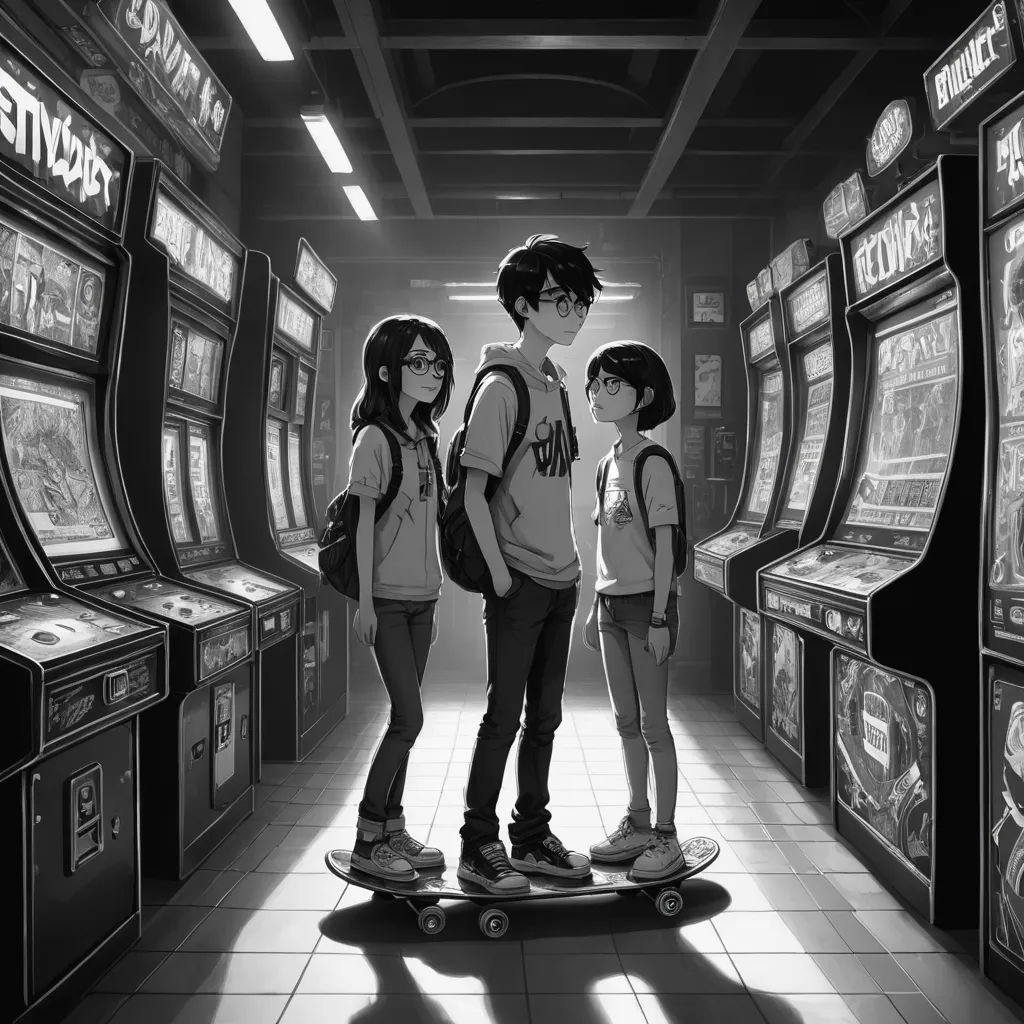 a group of young people standing on top of a skateboard in a room filled with slot machines and video games, sots art, a black and white photo, Artgerm, stanley artgerm lau