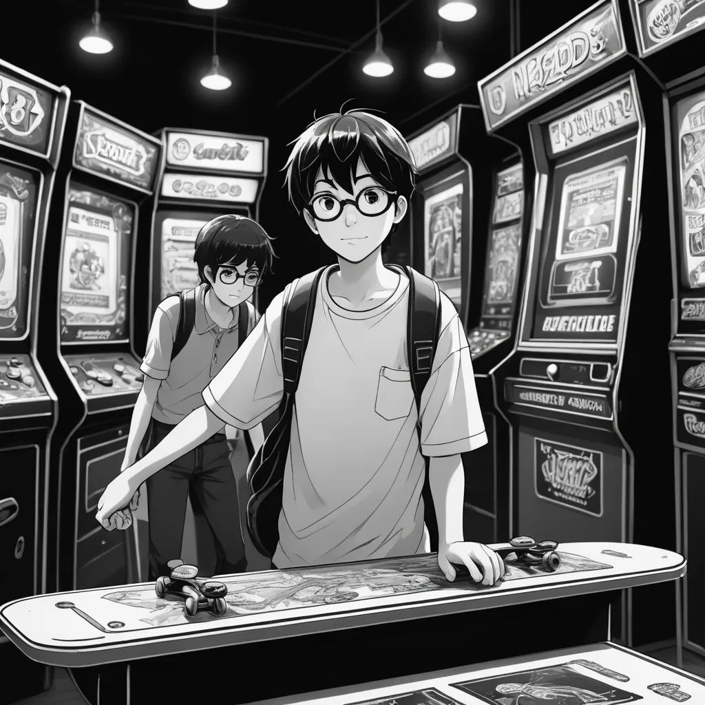 a boy and a girl standing in front of a slot machine with slot machines in the background and a boy in the foreground, neogeo, a manga drawing, Aya Goda, official art