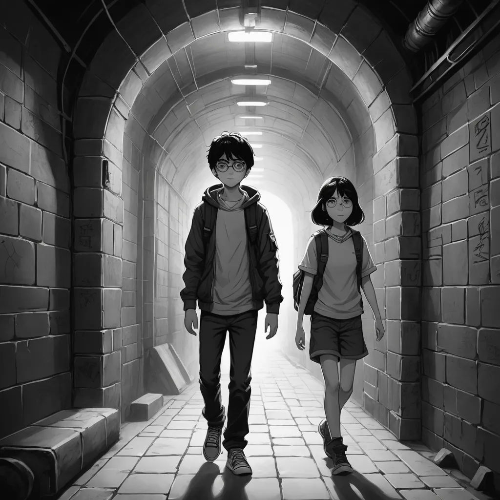 a couple of people walking down a tunnel together in a building with a light at the end of the tunnel, sots art, a black and white photo, David Park, official art