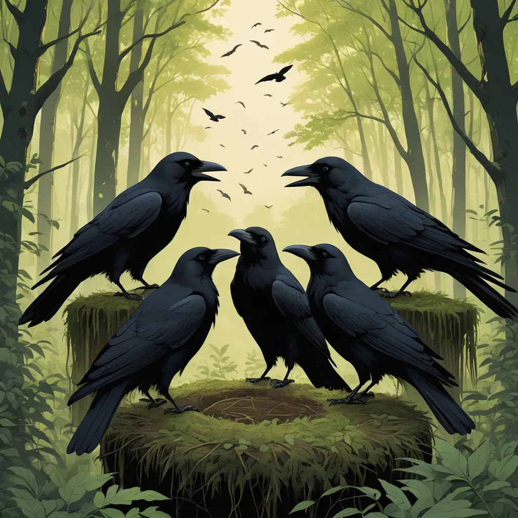 a group of black birds standing on top of a stump in a forest next to a forest filled with trees, gothic art, a storybook illustration, Dan Mumford, birds