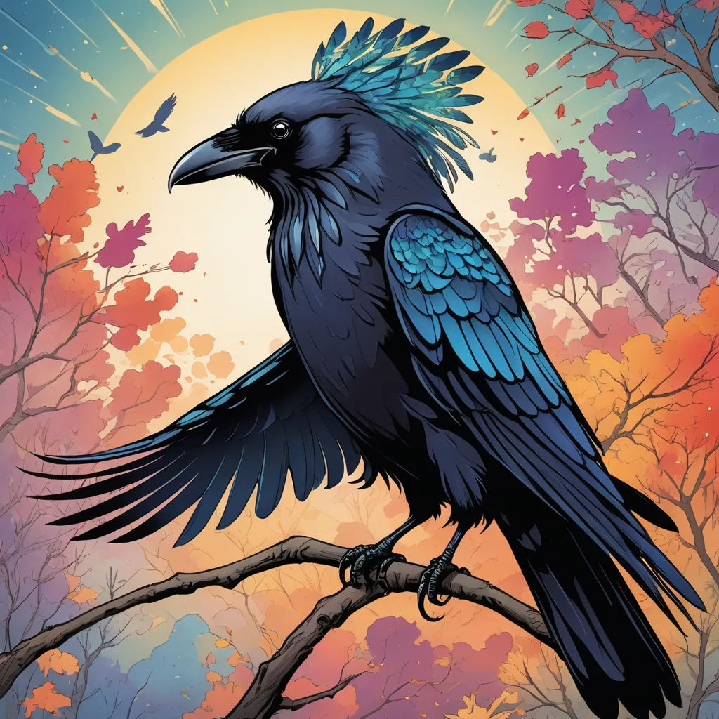 a black bird with blue wings sitting on a branch in front of a full moon and trees with leaves, fantasy art, a digital painting, Dan Mumford, josan gonzales and dan mumford