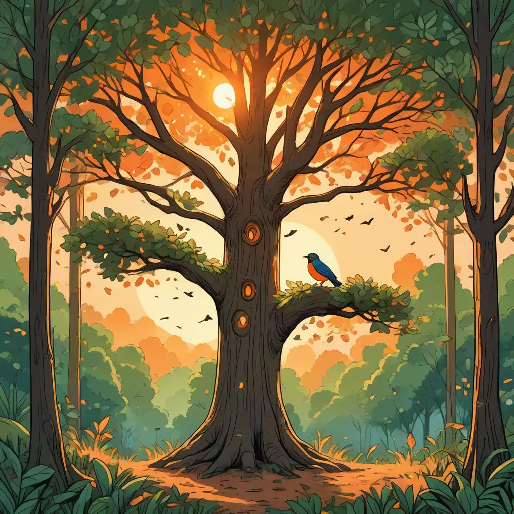 a bird sitting on a tree in a forest with a sun in the background and a bird on the tree, a storybook illustration, Chris LaBrooy, naturalism, rossdraws global illumination