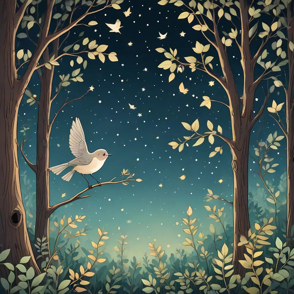 a bird flying over a tree filled forest under a night sky with stars and a moon in the sky, a storybook illustration, David Martin, naturalism, storybook illustration
