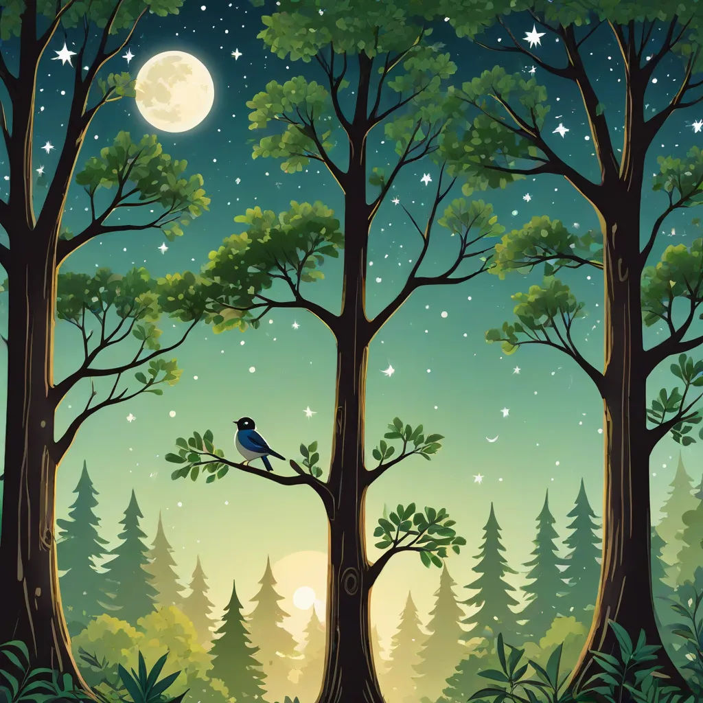 a painting of a bird sitting on a tree branch in a forest at night with the moon in the sky, a storybook illustration, David Martin, fantasy art, highly detailed digital painting