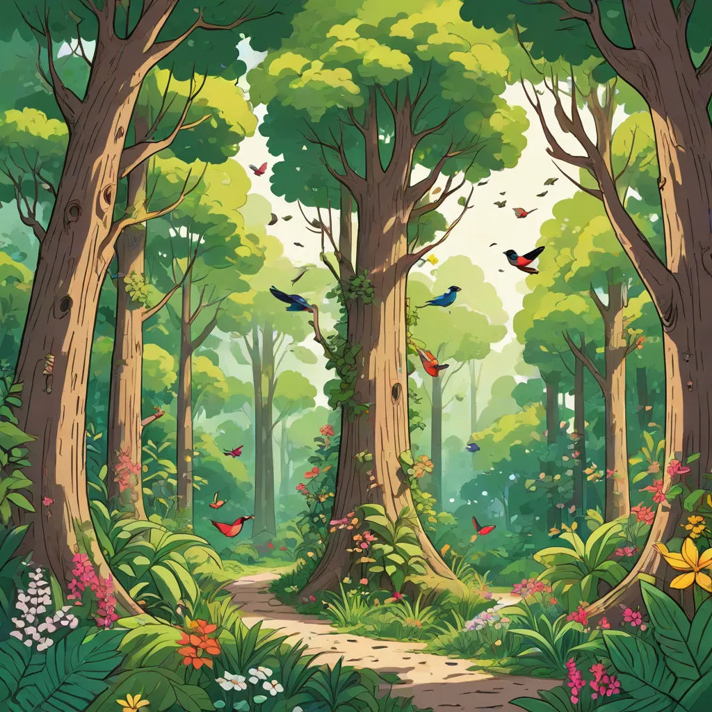 a painting of a forest with lots of trees and birds flying around it, and a path through the woods, a storybook illustration, Chris LaBrooy, environmental art, forest