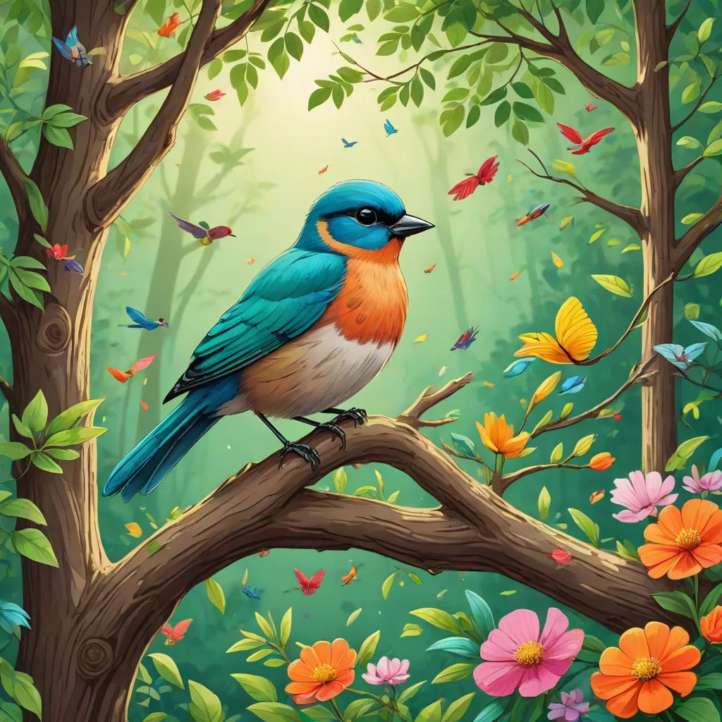 a bird sitting on a branch in a forest with butterflies and flowers around it, with a butterfly in the background, a digital painting, Chris LaBrooy, fantasy art, highly detailed digital painting