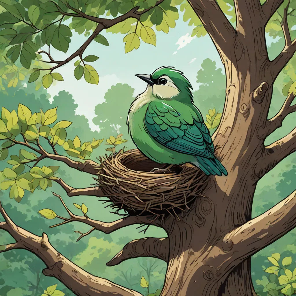 a bird sitting on top of a nest in a tree branch with leaves around it and a sky background, a storybook illustration, Dan Mumford, environmental art, josan gonzales and dan mumford