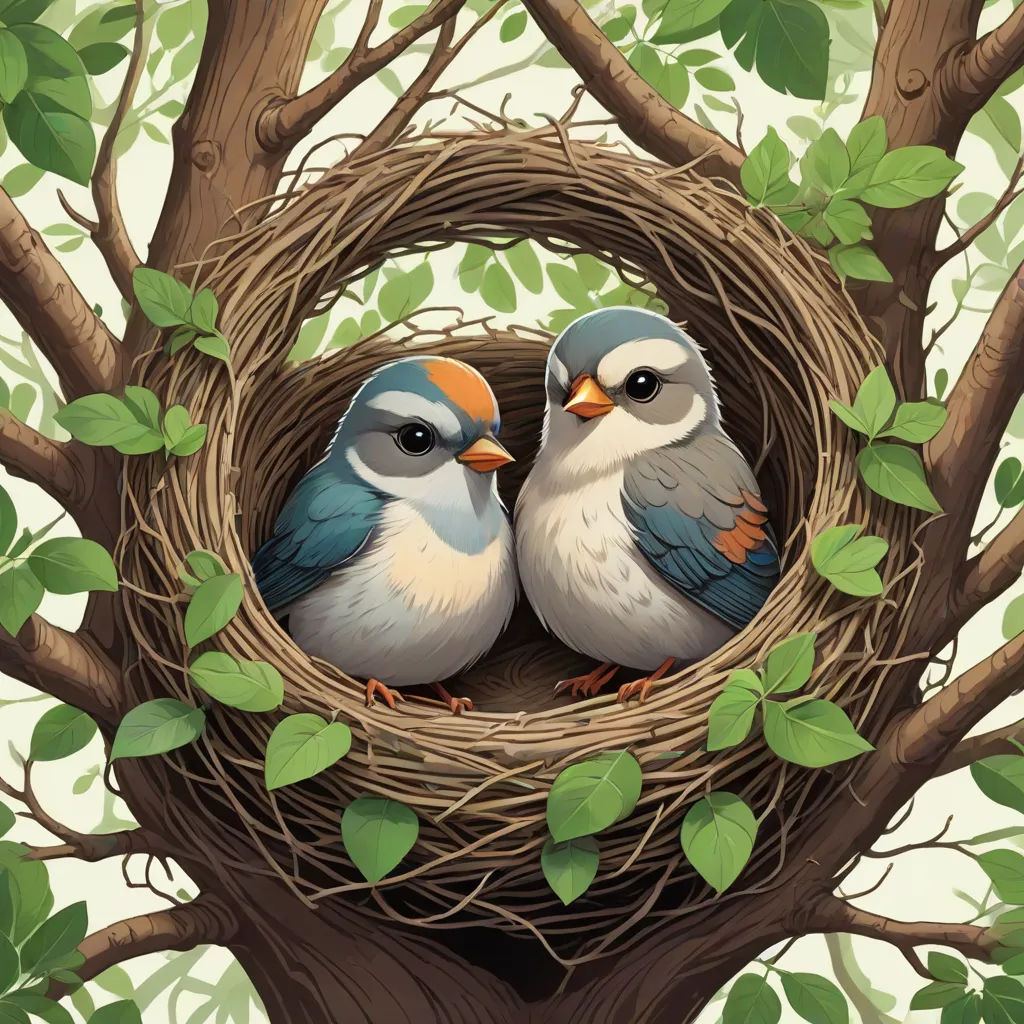 two birds sitting in a nest on a tree branch with leaves around it and a white background with green leaves, a storybook illustration, Chris LaBrooy, fantasy art, highly detailed digital painting