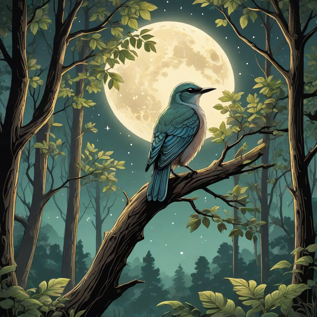 a bird sitting on a tree branch in front of a full moon in the forest with trees and leaves, a storybook illustration, Dan Mumford, fantasy art, josan gonzales and dan mumford