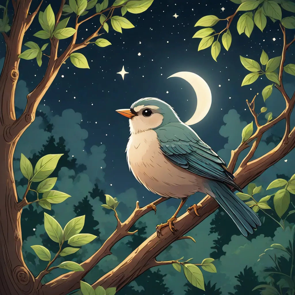 a bird sitting on a branch in a tree with a half moon in the background and stars in the sky, a storybook illustration, Chris LaBrooy, fantasy art, birds