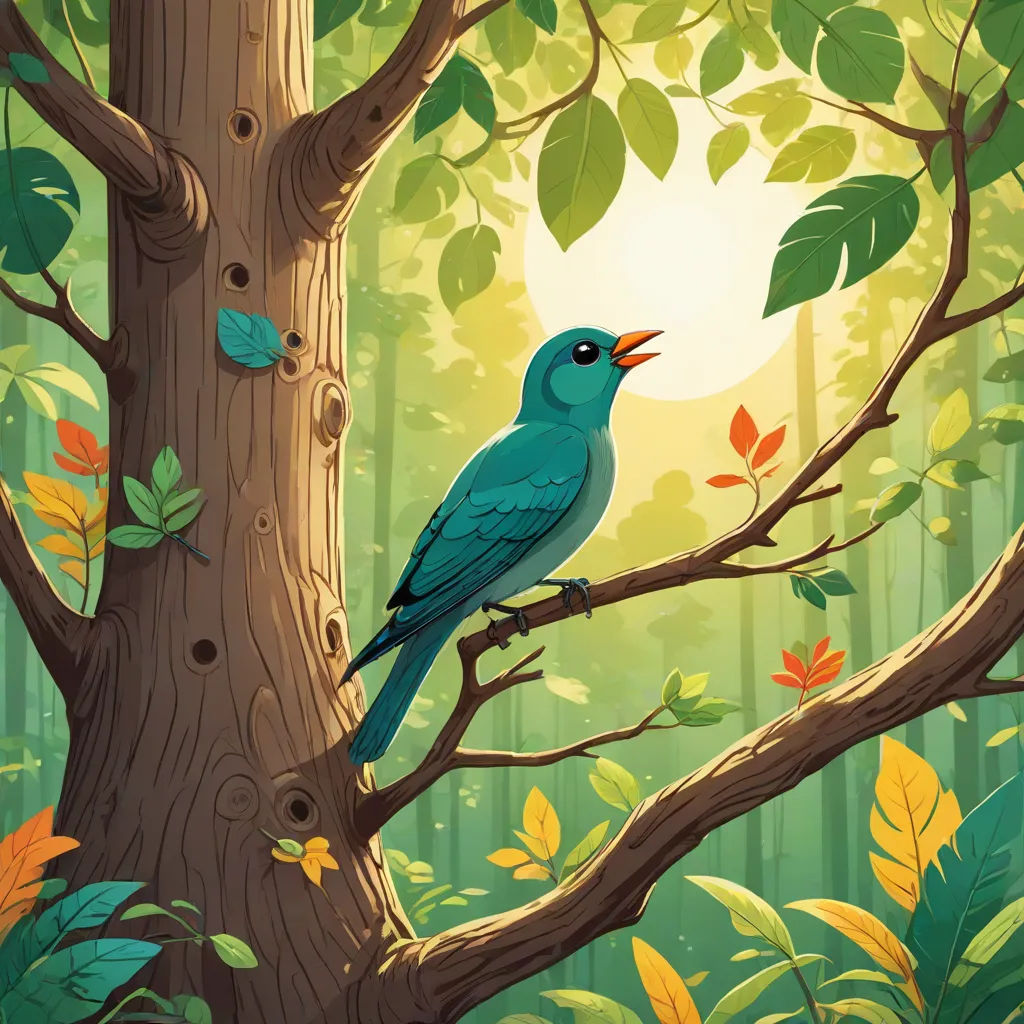 a blue bird sitting on a tree branch in a forest with leaves and a sun in the background with a bright light, a storybook illustration, Chris LaBrooy, naturalism, rossdraws global illumination