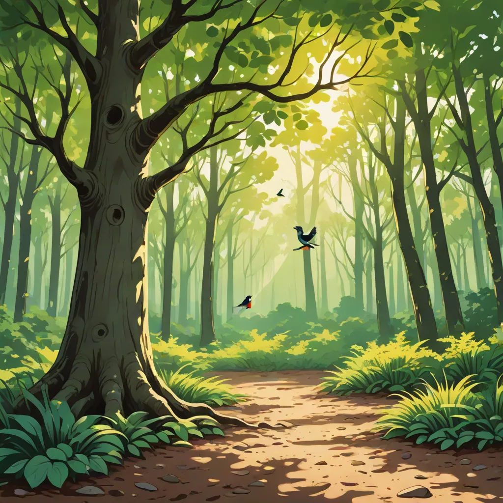 a painting of a forest with a path leading to a tree with birds flying overhead and sunlight coming through the trees, a detailed matte painting, Eyvind Earle, environmental art, forest