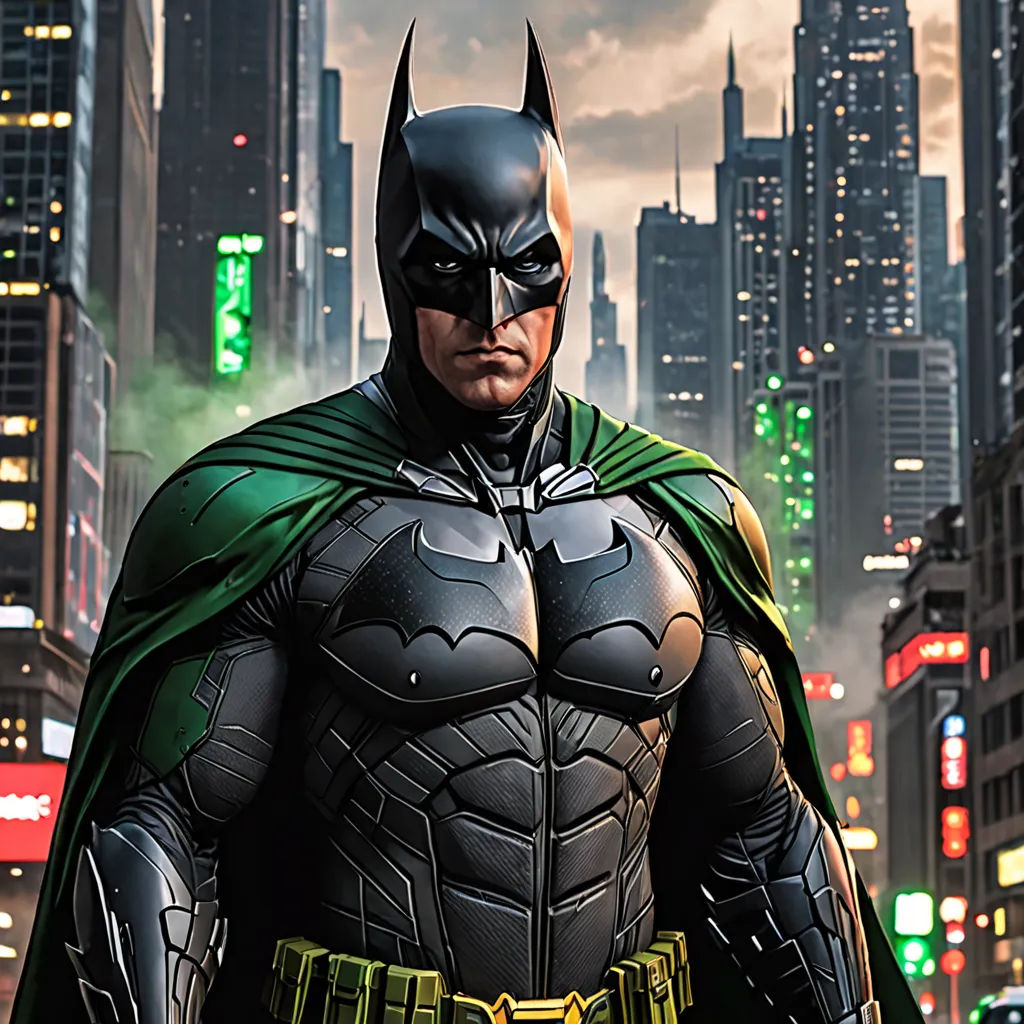 a man in a batman costume standing in a city at night with a cityscape in the background, photorealism, a detailed matte painting, Dong Kingman, unreal engine 5 quality render