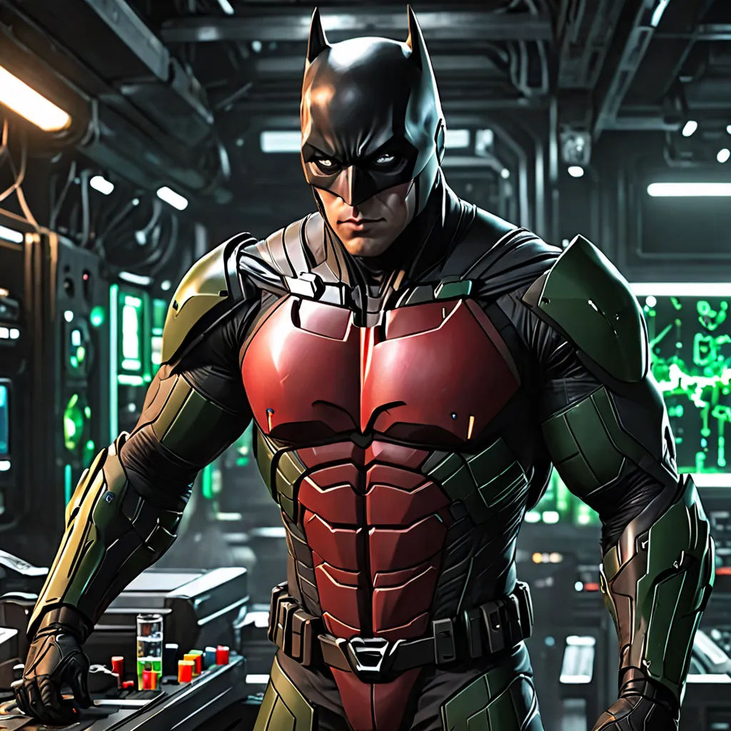 a man in a batman costume standing in a room with a bar and a clock on the wall behind him, rayonism, a comic book panel, Artgerm, unreal engine 5 rendered