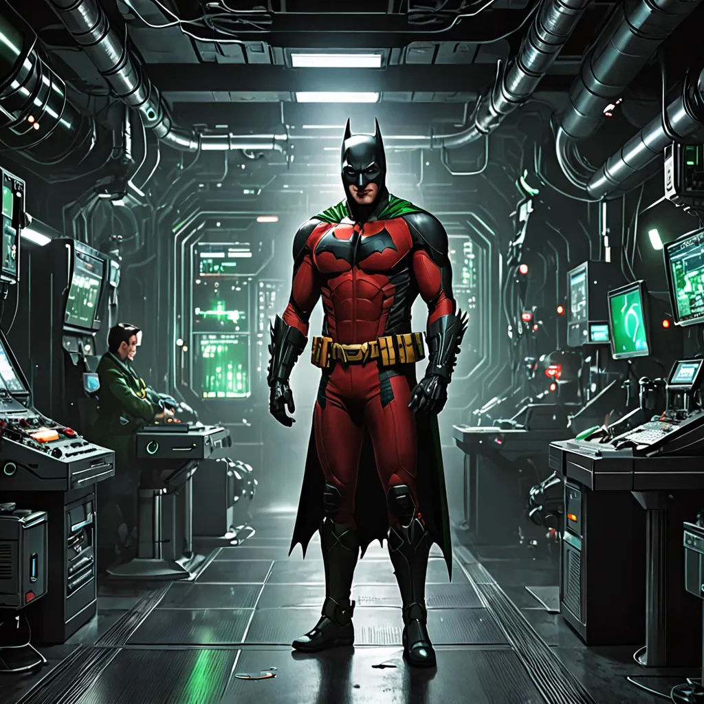 a man in a red and black costume standing in a room with computers and a batman costume on his chest, computer art, a comic book panel, Dan Mumford, promotional image
