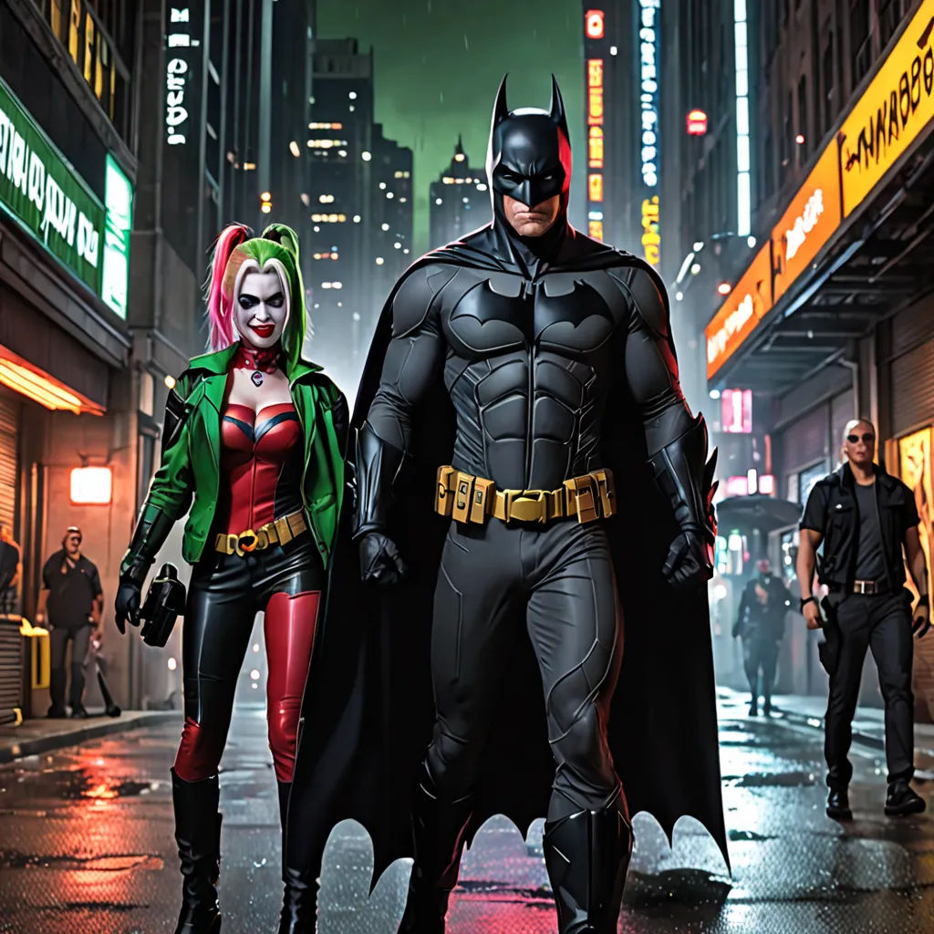 a couple of people that are standing in the street together in the rain with a batman costume on and a joker costume on, international gothic, a comic book panel, Eddie Mendoza, promotional image