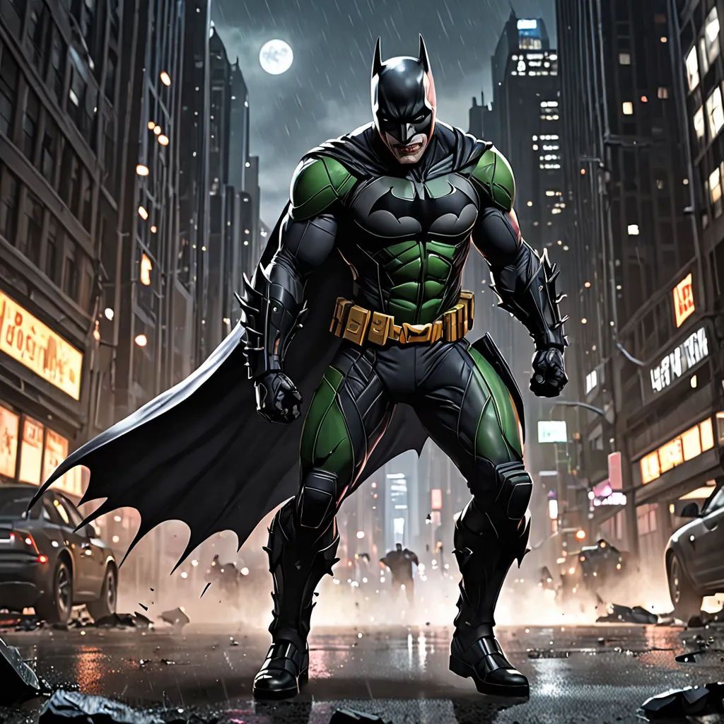 a batman standing in the middle of a city street at night with a bat on his chest and a city street in the background, photorealism, a digital rendering, Eddie Mendoza, unreal engine 5