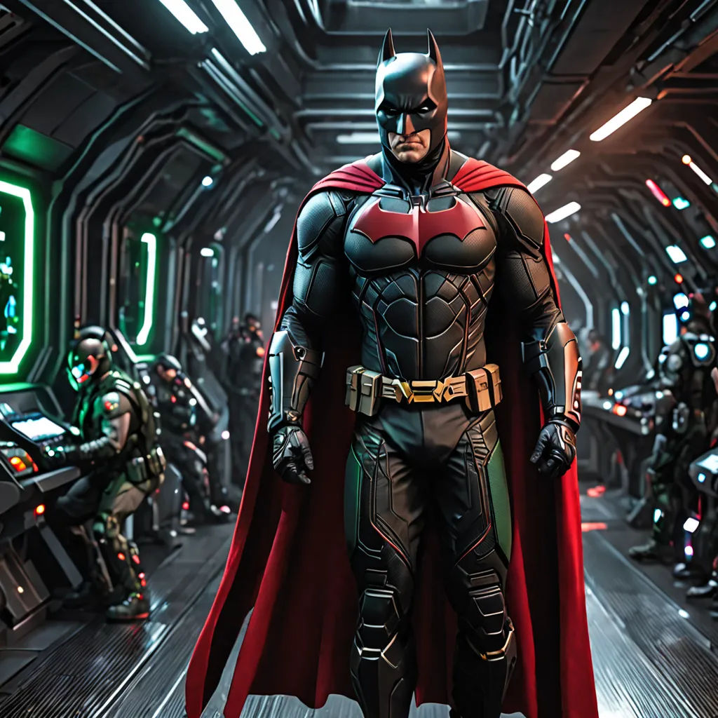 a man in a suit and cape standing in a room with other men in the background and a green light, rayonism, a comic book panel, Everett Warner, promotional image
