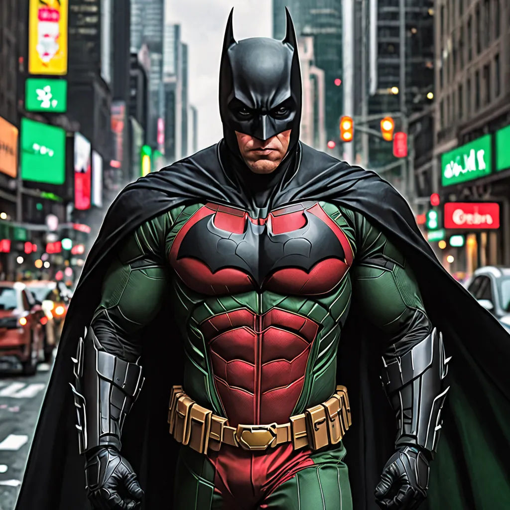 a man dressed as batman standing in the middle of a street in a city with tall buildings and a traffic light, photorealism, a comic book panel, Artgerm, behance hd