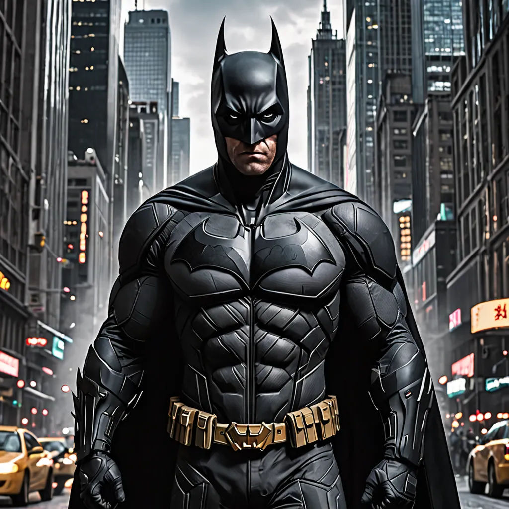 a man dressed in a batman costume standing in the middle of a city street with a taxi cab in the background, fantastic realism, a detailed matte painting, Altichiero, dark night