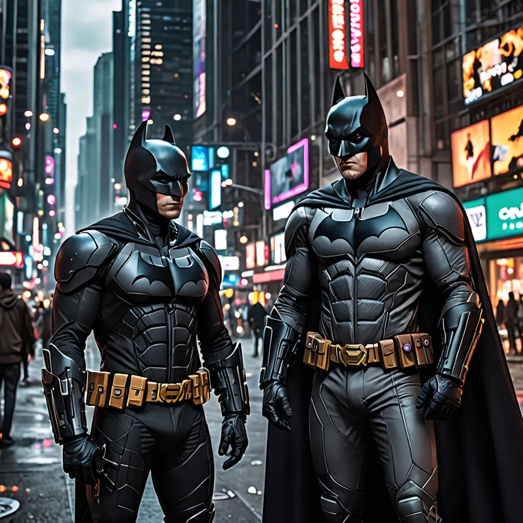 two men dressed in batman costumes standing on a street corner in a city at night with neon signs and buildings, antipodeans, a detailed matte painting, Altichiero, behance hd