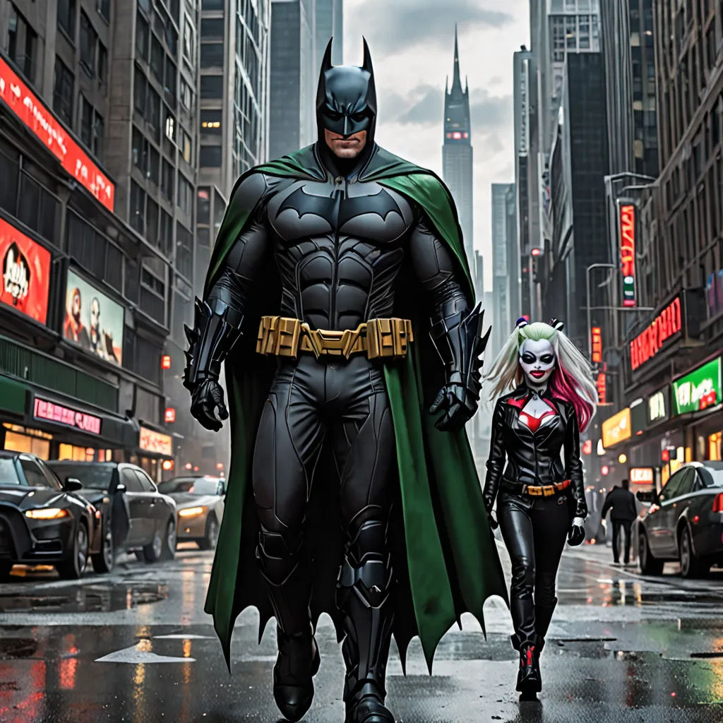 a couple of people that are walking down a street together in the rain with a batman costume on and a woman in a black outfit, international gothic, a comic book panel, Altichiero, promotional image