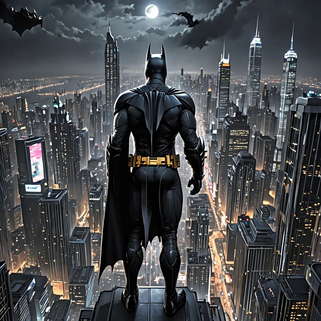 a batman standing on a ledge in a city at night with a full moon in the background and a cityscape in the foreground, gothic art, a comic book panel, Dan Mumford, dark night