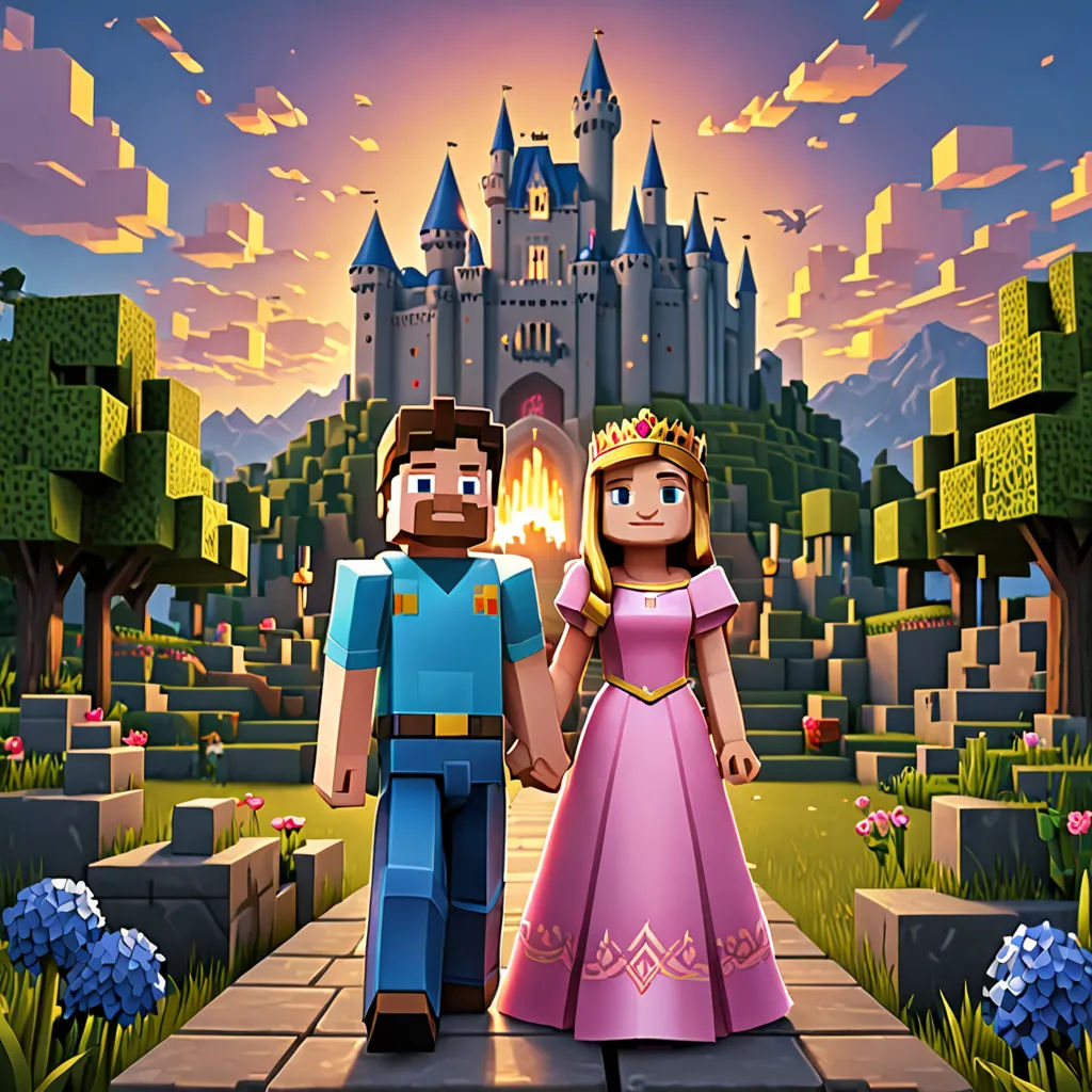 a couple of people that are standing in front of a castle with a castle in the background and flowers, sots art, computer graphics, Beeple, key art