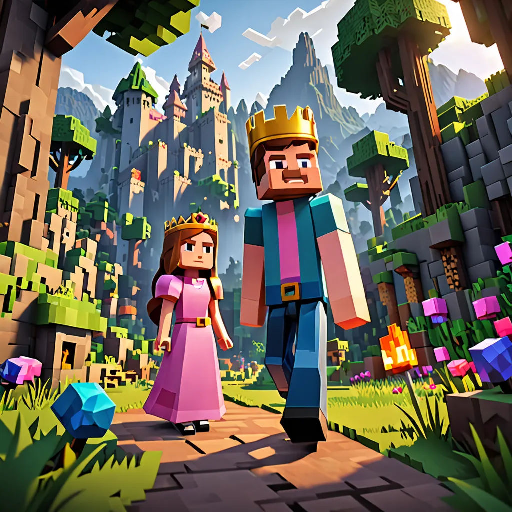 a man and a woman in a minecraft environment with a castle in the background and a sky in the background, sots art, concept art, Beeple, key art