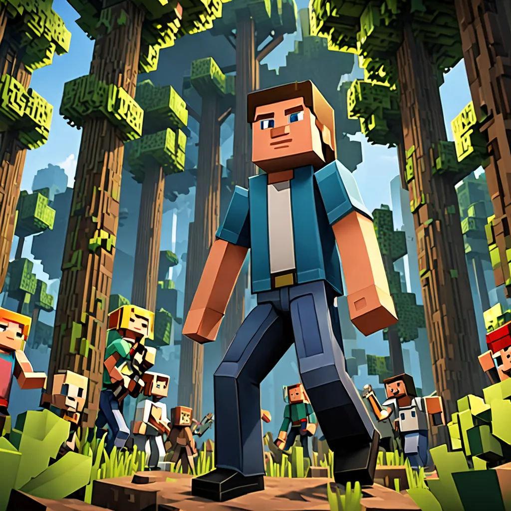 a group of people in a forest with trees and bushes in the background, with a man in a blue shirt and a woman in a white shirt, pixel art, computer graphics, Beeple, key art