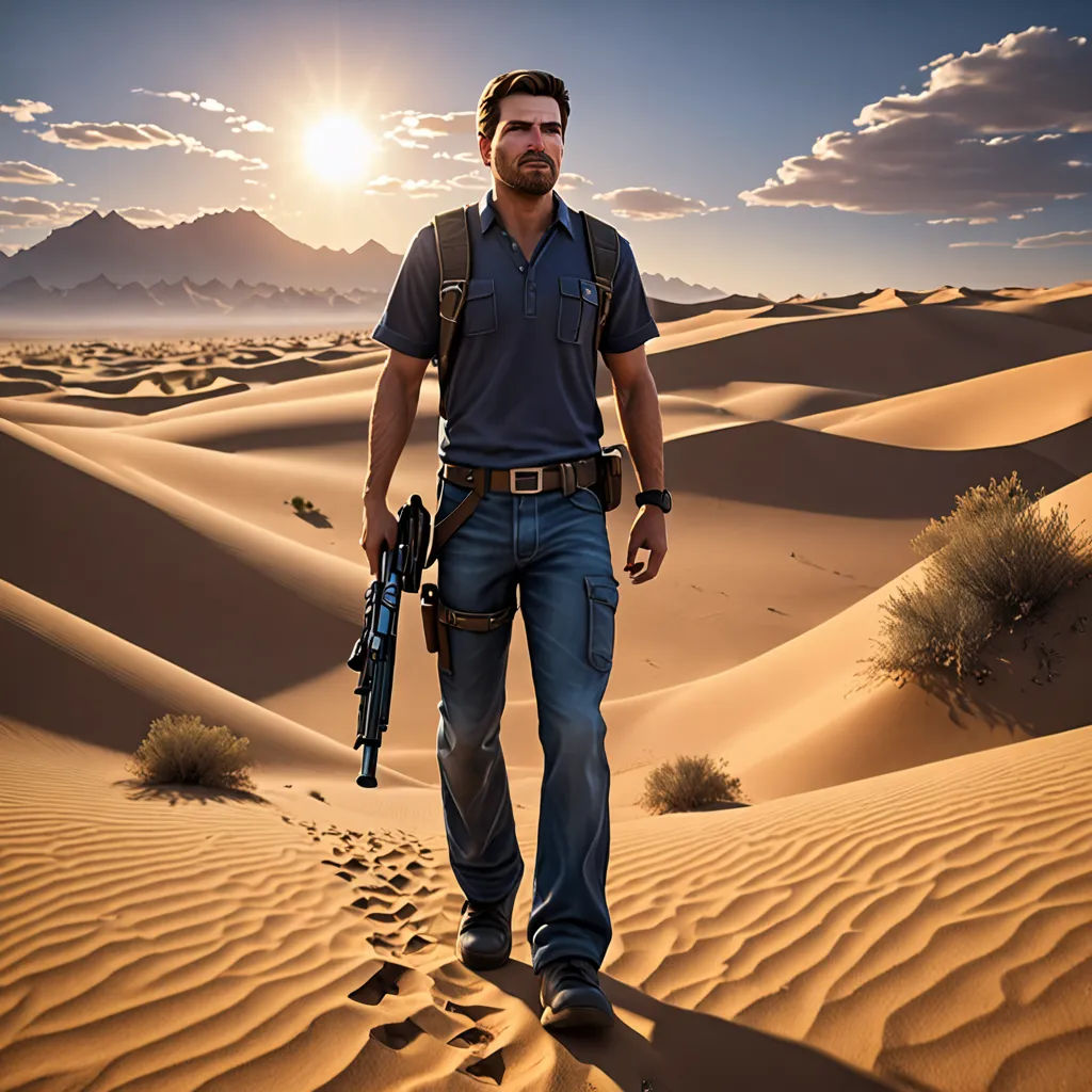 a man walking across a desert holding a gun and a camera in his hand and a desert landscape in the background, photorealism, computer graphics, Dan Scott, promotional image