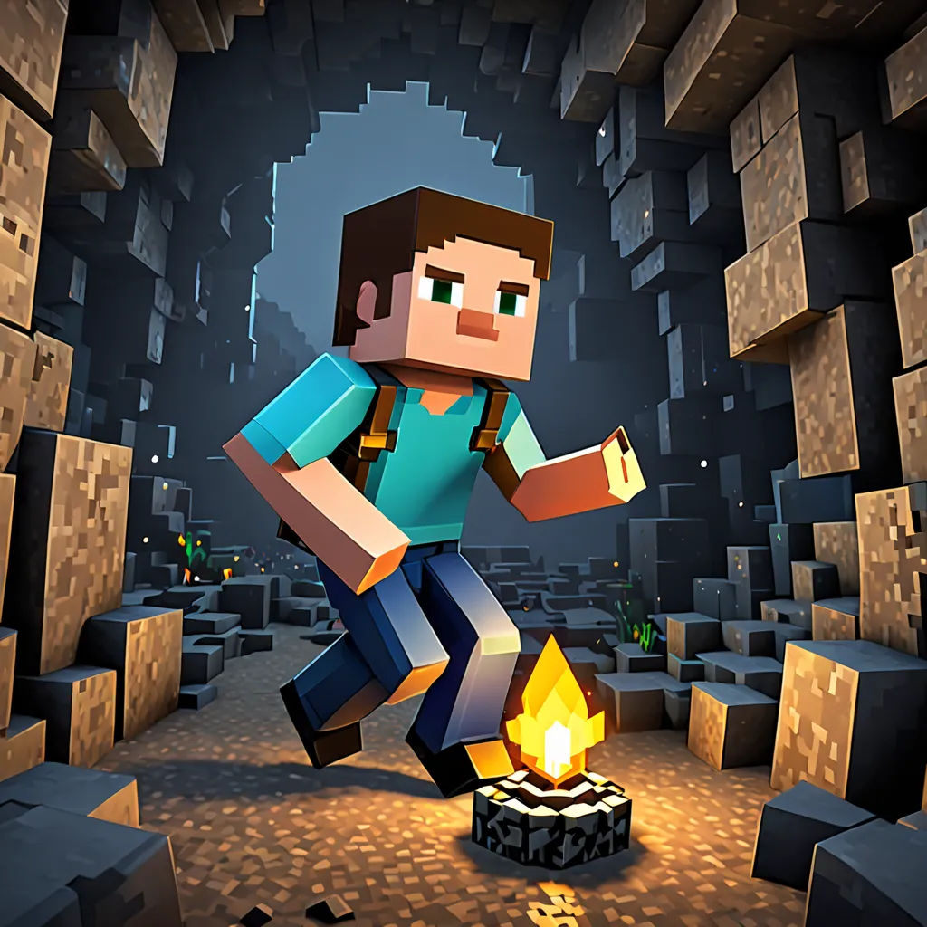 a man is running through a minecraft cave with a fire in his hand and a blocky wall behind him, sots art, computer graphics, Beeple, promotional image