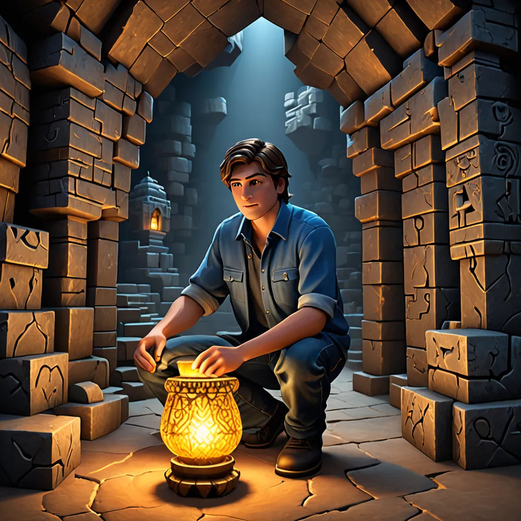 a man kneeling down next to a lantern in a tunnel of bricks and stone with a light on it, sots art, computer graphics, Cedric Seaut (Keos Masons), rossdraws global illumination