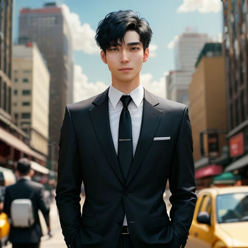 a man in a suit and tie standing in the street in front of a taxi cab and a taxi cab