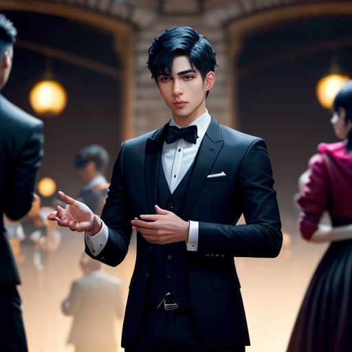 a man in a tuxedo standing in front of a group of people in formal wear and tuxedos