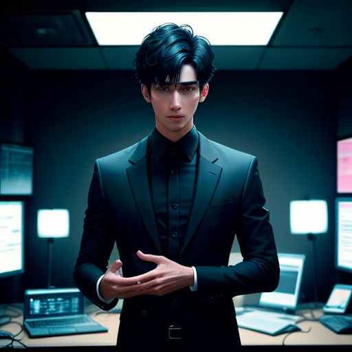 a man in a suit standing in front of a desk with laptops and monitors on it, with his hands folded out